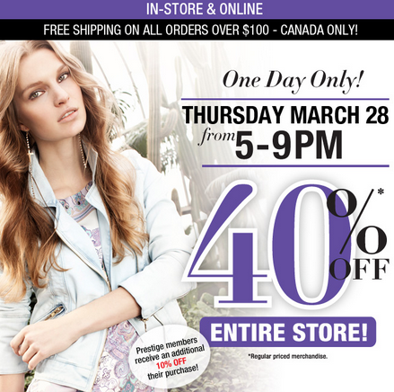 Suzy Shier 40 Off Entire Store - In-Stores or Online (March 28, 5-9pm)
