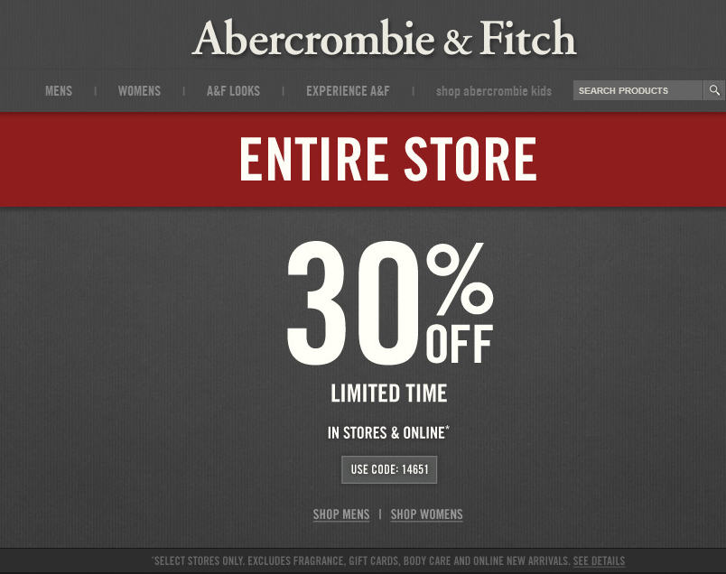 Abercrombie & Fitch 30 Off Entire Purchase In-Store or Online (Until July 8)